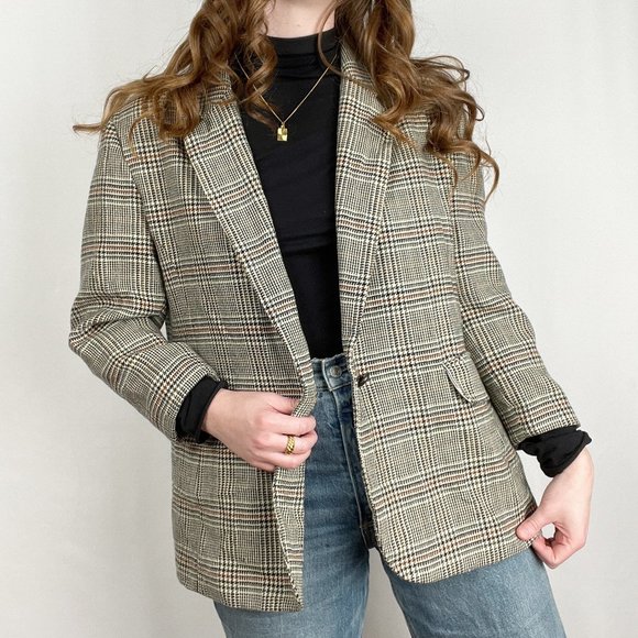 Vintage Jackets & Blazers - Vintage Oversized Houndstooth Plaid Wool Knit Blazer Jacket Coat Preppy Academia